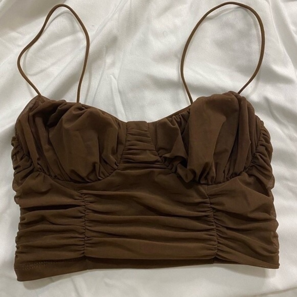 Brown Ruffled TicToc Crop Bustier Top, size M
